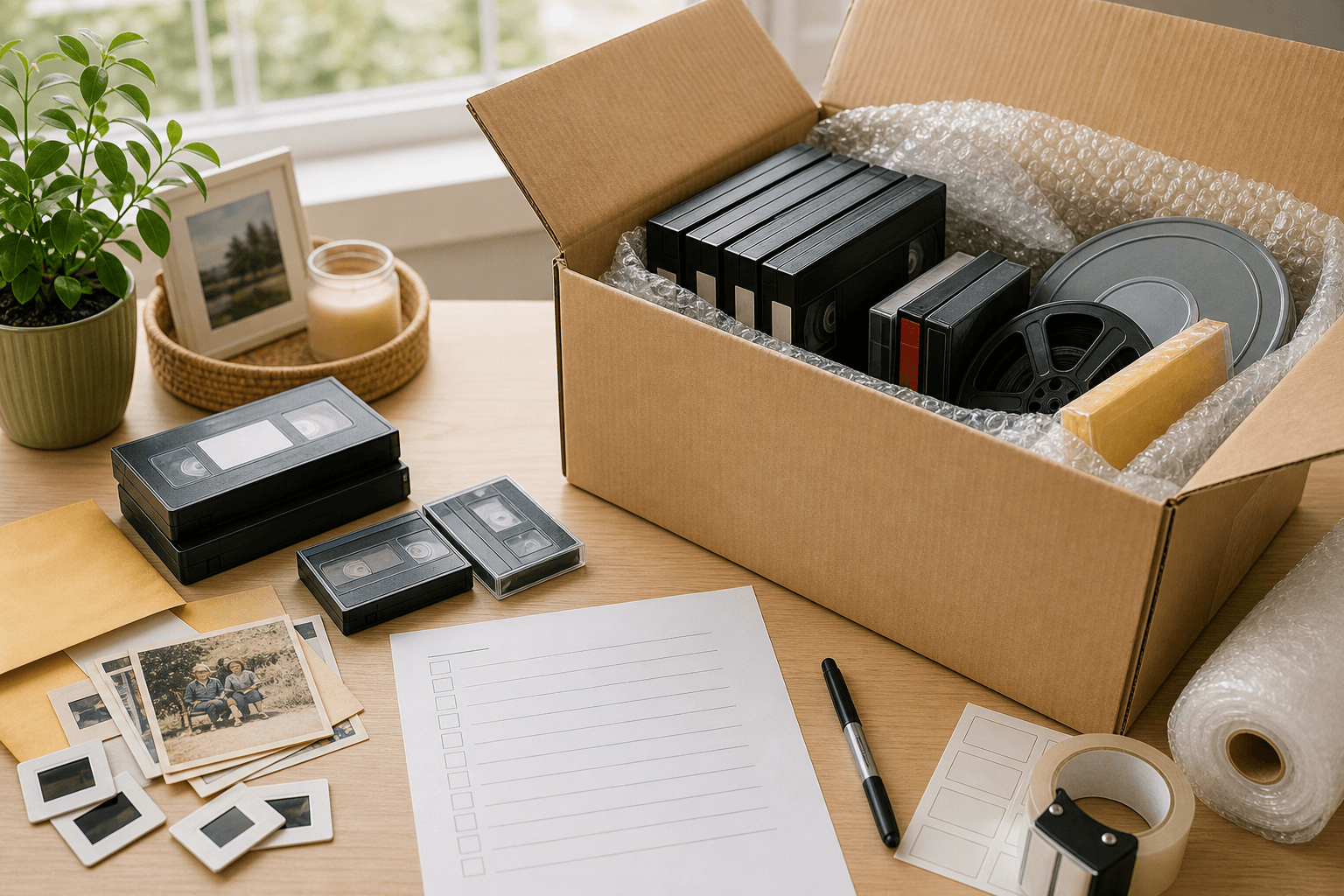 VHS tapes, camcorder tapes, film reels, photos, and slides packed carefully in a shipping box.