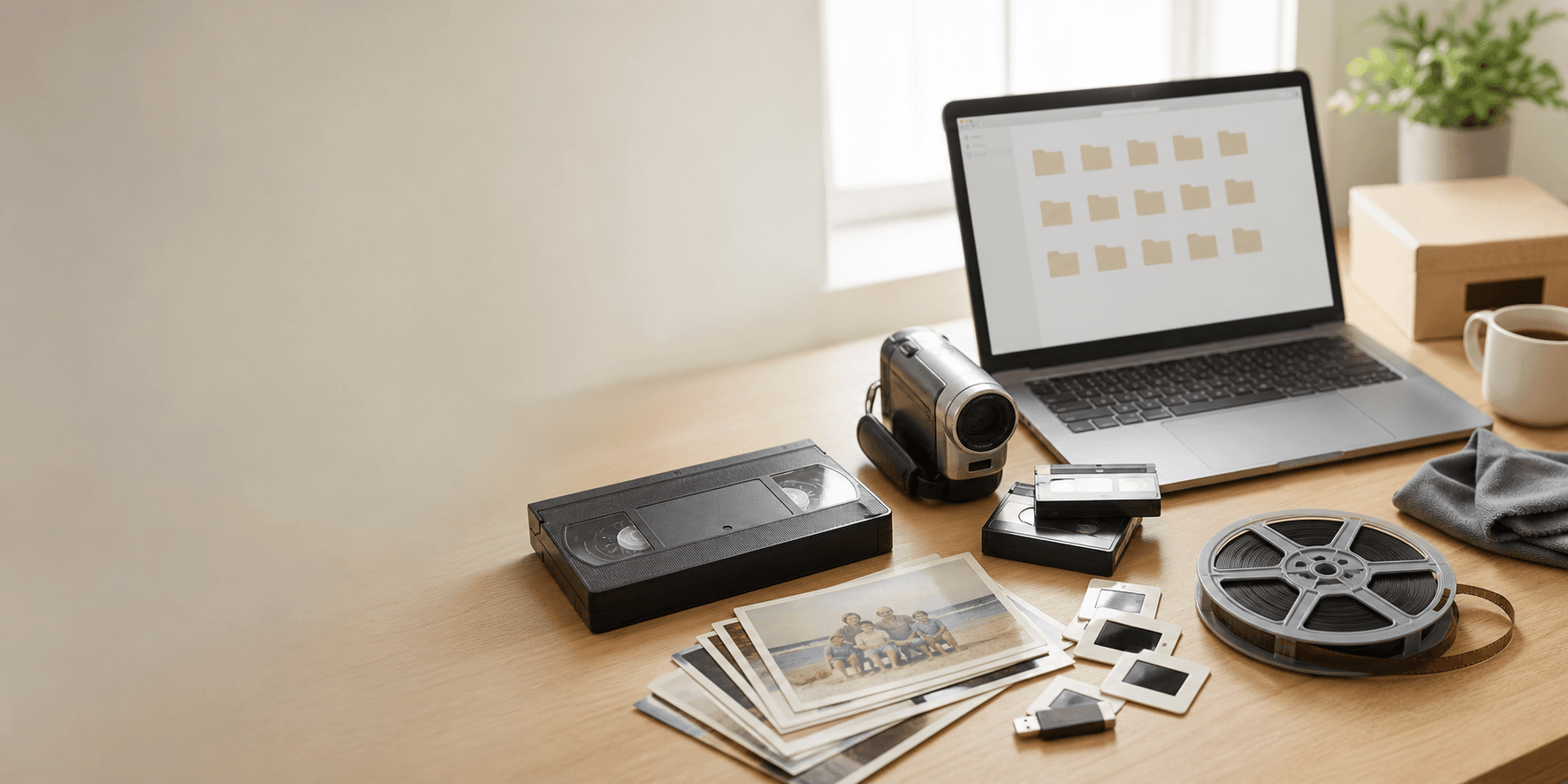 VHS tape, camcorder tapes, slides, photos, film reel, and USB drive on a clean digitizing workbench.