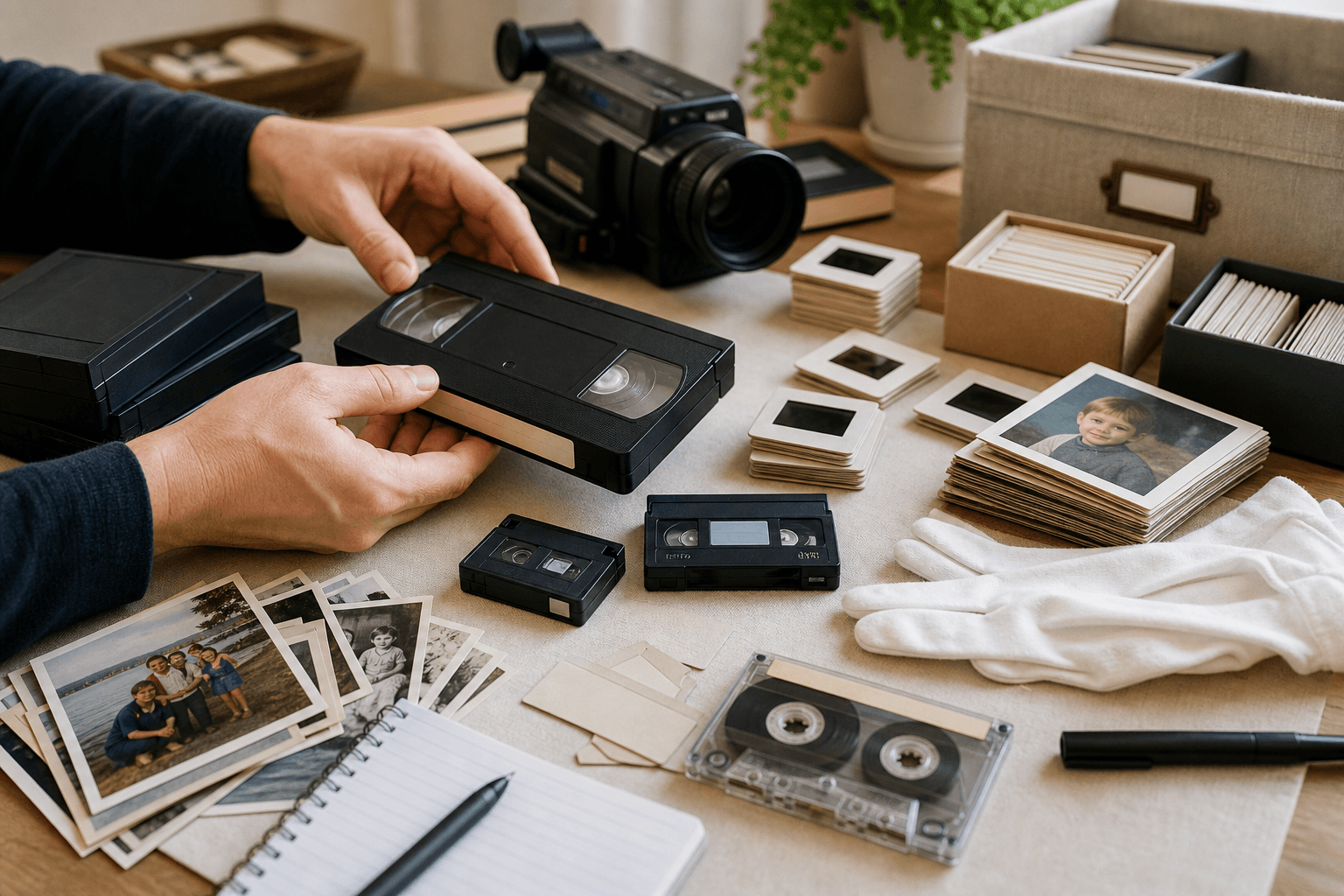 A careful arrangement of old tapes, slides, photos, and audio cassettes.