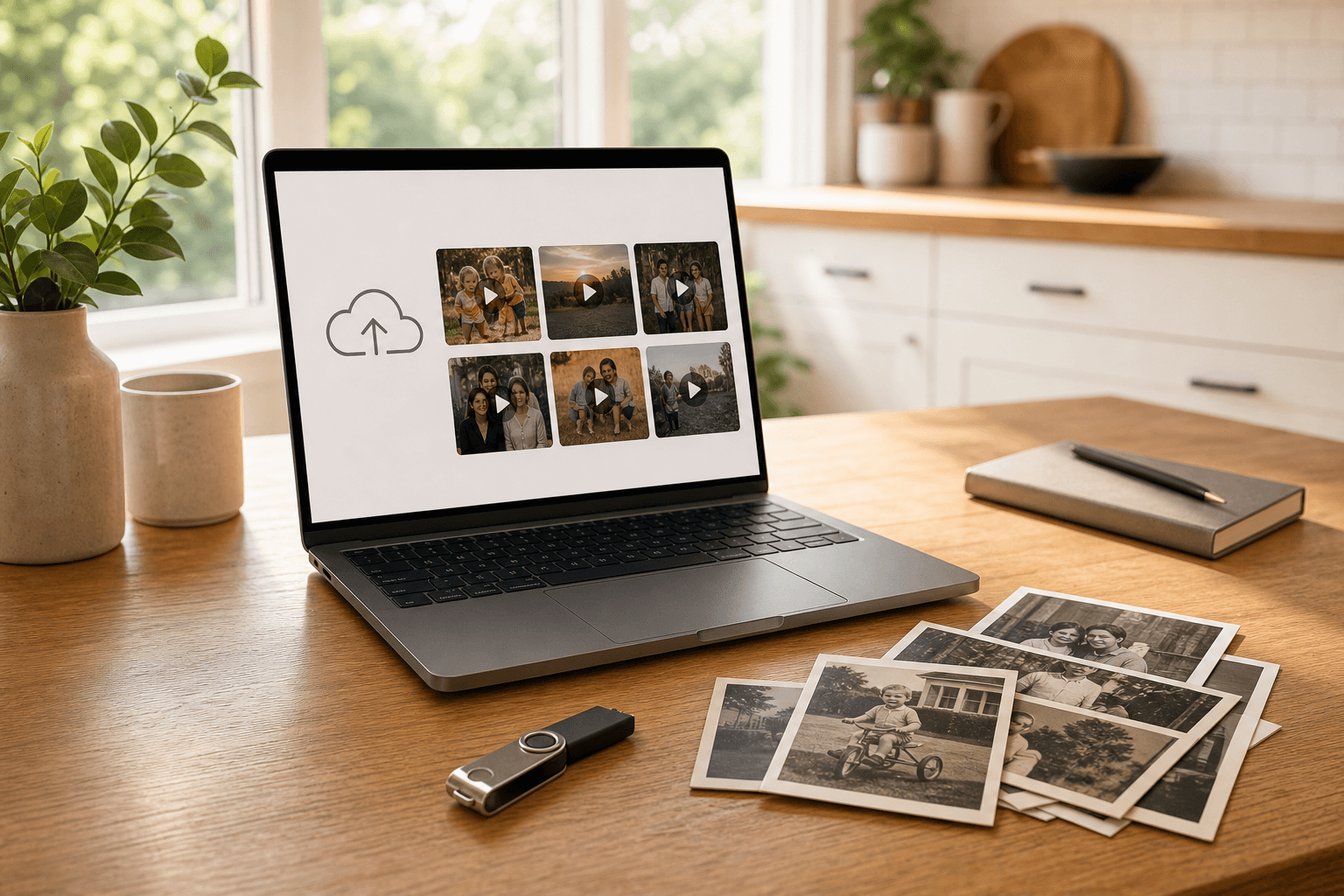 Digitized family videos ready to share by computer, cloud folder, and USB drive.