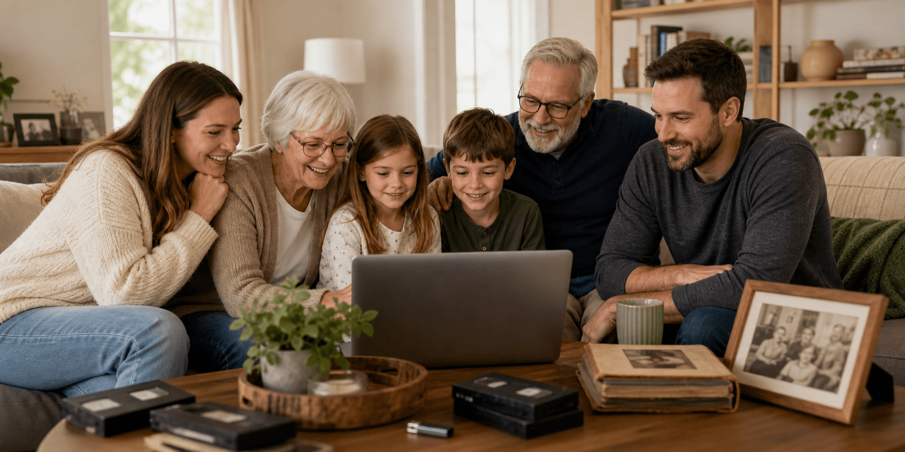 A family watching preserved home videos together on a laptop.