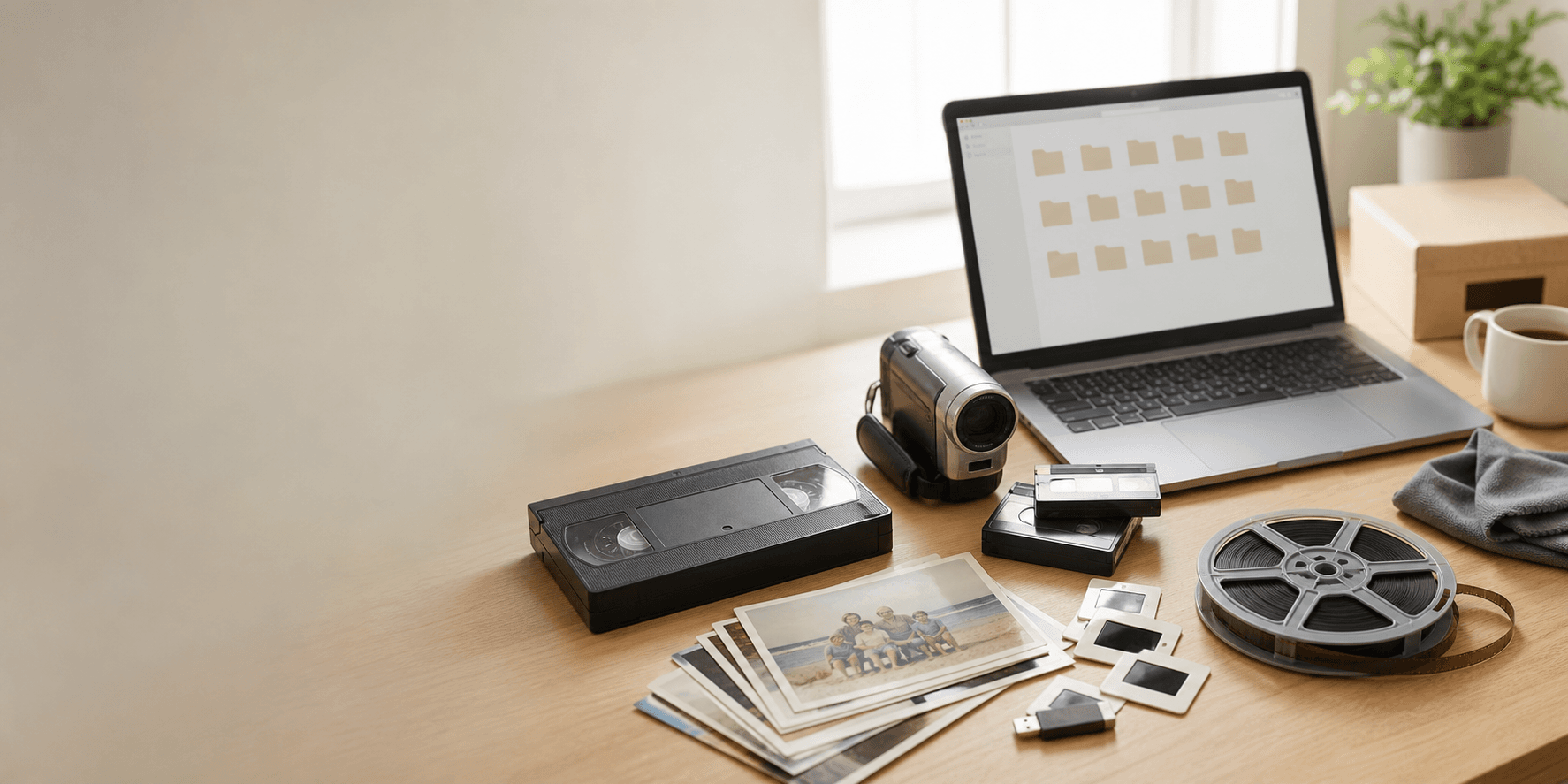 A clean workbench with VHS tapes, camcorder tapes, film, photos, and a USB drive.