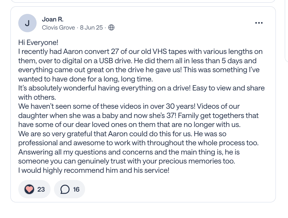 Customer review from Joan describing 27 VHS tapes converted to digital USB files.